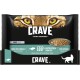 Un paquet de nourriture pour chats CRAVE avec un bol de thon en sauce, avec un texte mettant en avant "Thon 100% Naturel", "Riche en Protéines" et "Sans Céréales".