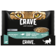 Opakowanie karmy dla kotów CRAVE z miską tuńczyka w sosie, z tekstem podkreślającym "100% naturalny tuńczyk", "wysoka zawartość białka" i "bez zbóż".