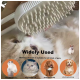 Eine flauschige Katze wird mit Dampf gebürstet, mit "Weit Verwendet" und Bildern einer langhaarigen Katze, eines Hundes, eines kurzhaarigen Hundes und eines Kaninchens.