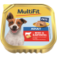 Paté-Behälter mit der Aufschrift 'MultiFit Adult', der Rindfleisch und Kartoffeln zeigt, mit einem Serviervorschlag auf einem Teller.