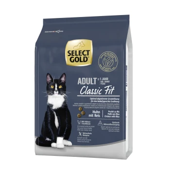 Schwarz-weiße Katze auf einer Tüte Select Gold Adult Classic Fit Katzenfutter, das Huhn und Reis enthält, mit Nährwertangaben auf Deutsch.