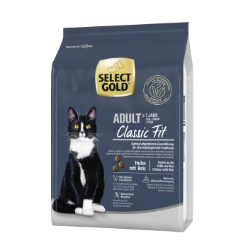 Schwarz-weiße Katze auf einer Tüte Select Gold Adult Classic Fit Katzenfutter, das Huhn und Reis enthält, mit Nährwertangaben auf Deutsch.