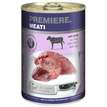 Dose Hundefutter, beschriftet mit "Premiere. Meati", das Kalbfleisch enthält, mit einem Messer und dem Text "for meat lovers" auf der Dose.