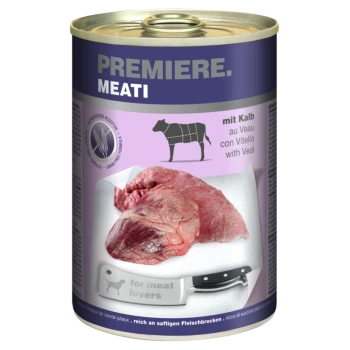 Canned pet food labeled "Premiere. Meati" featuring veal, with a knife and the text "for meat lovers" on the can.