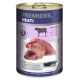 Dose Hundefutter, beschriftet mit "Premiere. Meati", das Kalbfleisch enthält, mit einem Messer und dem Text "for meat lovers" auf der Dose.