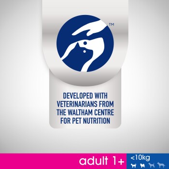 Logo przedstawiające rękę głaskającą psa, z tekstem informującym "Opracowane we współpracy z weterynarzami z Waltham Centre for Pet Nutrition."