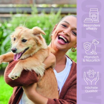 Anleitung zur Verwendung eines Haustierprodukts, mit einer Schüssel voller Tabletten und Text auf Deutsch, der Anwendungsmethoden und Vorsichtsmaßnahmen erklärt.