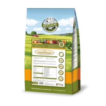 Ein 2,5 kg Beutel BELFOR Tierfutter, "WILDBACH-SCHMAUS," mit einem malerischen Landschaftsdesign und Nährwertinformationen auf der Rückseite.