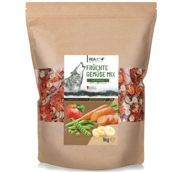 Trockenfrucht- und Gemüse-Mix für Haustiere in einer 1-kg-Tüte, mit einer Illustration eines Wolfes und Bildern von Apfel, Karotte, Erbsen und Banane.
