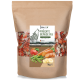 Trockenfrucht- und Gemüse-Mix für Haustiere in einer 1-kg-Tüte, mit einer Illustration eines Wolfes und Bildern von Apfel, Karotte, Erbsen und Banane.