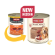 Zwei Dosen Animonda GranCarno Hundefutter mit Ente, zeigen altes und neues Design mit der Aufschrift "NEUES DESIGN" und einem gelben Pfeil.