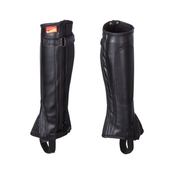 Schwarze Lederreitgamaschen mit Reißverschlüssen und verstellbaren Riemen, mit dem Goldhorse-Logo im oberen Bereich.