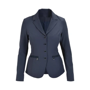Marineblaue Damenblazer mit einem Reverskragen, dekorativen Knöpfen und zwei Fronttaschen, mit einem eleganten, taillierten Schnitt.