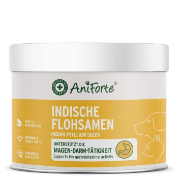 Behälter mit AniForte indischen Flohsamen, beschriftet in Deutsch und Englisch, zur Förderung der Verdauungsgesundheit für Haustiere.