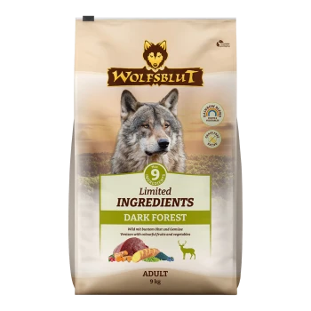 Wolfsblut Dark Forest Hundefutterbeutel, 9 kg, mit einem Wolf-Logo, "Limitierte Zutaten"-Etikett und Text über Wildfleisch mit Früchten und Gemüse.