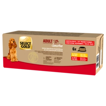 Select Gold Adult Sensitive Hundefutter-Vorteilspack mit Huhn und Rind, 6 Dosen, beige-rote Verpackung.