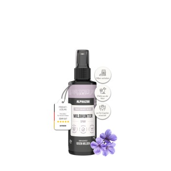 Flasche mit ALPHAZOO Force MILBHUNTER Milbenabwehrspray für Hunde und Katzen, mit Illustrationen von Haustieren, Produktbewertungen und wichtigen Vorteilen.