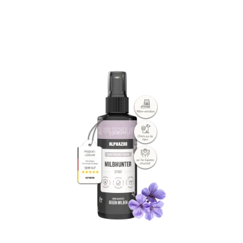 Flasche mit ALPHAZOO Force MILBHUNTER Milbenabwehrspray für Hunde und Katzen, mit Illustrationen von Haustieren, Produktbewertungen und wichtigen Vorteilen.