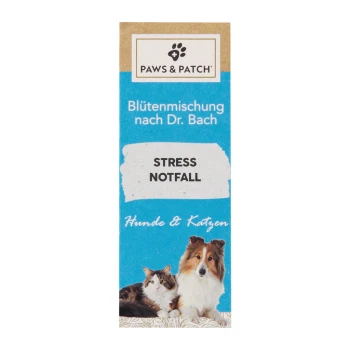 Paws & Patch Stressabbauprodukt für Hunde und Katzen, mit einem blauen Hintergrund, auf dem der Text "STRESS NOTFALL" deutlich angezeigt wird.