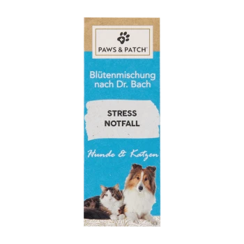 Paws & Patch Stressabbauprodukt für Hunde und Katzen, mit einem blauen Hintergrund, auf dem der Text "STRESS NOTFALL" deutlich angezeigt wird.