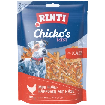 RINTI Chicko's MINI Hundeleckerli-Beutel, Mini-Hähnchenbissen mit Käse, 80 g, mit Hundeillustration auf der Verpackung.