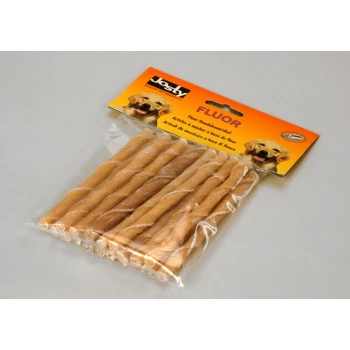 Hundezahnpflegekekse in einer klaren Plastikverpackung, beschriftet mit 'Josly FLUOR', mit einem Golden Retriever auf der Verpackung.