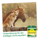 Ein Hund und ein Pferd sitzen im Freien mit einem PropolisHerbal-Nahrungsergänzungsmittel in der Nähe. Text: "Unterstützung für ein starkes Immunsystem."