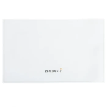Eine weiße Futtermatte für Haustiere mit dem Text "RUDELKÖNIG" und einem kleinen Kronenlogo, entworfen, um Futterbereiche sauber zu halten.