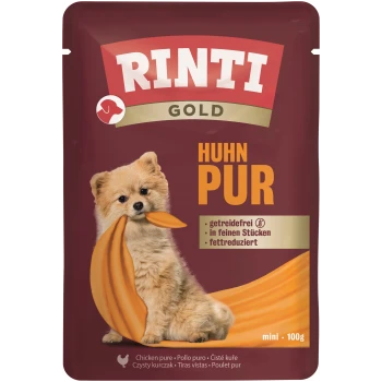RINTI GOLD Hundefutterbeutel 'HUHN PUR' mit flauschigem Welpen, der einen orangefarbigen Streifen hält; Text: getreidefrei, mini 100g