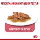 Nassfutter für Haustiere mit neuer Textur, mit Fleischstücken in Sauce auf einem weißen Teller, mit dem Text 'Häppchen in Soße' darüber.