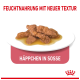 Nassfutter für Haustiere mit neuer Textur, mit Fleischstücken in Sauce auf einem weißen Teller, mit dem Text 'Häppchen in Soße' darüber.