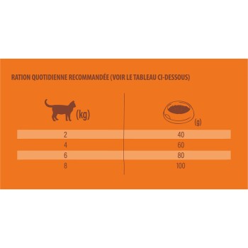 Guide d'alimentation quotidien pour les chats, montrant les quantités de nourriture recommandées en grammes en fonction du poids du chat en kilogrammes, sur un fond orange.