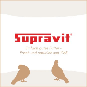 Supravit-Logo mit deutschem Text „Einfach gutes Futter – Frisch und natürlich seit 1965“ und Silhouetten von zwei Vögeln.