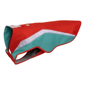 Roter und türkisfarbener Hunderegenmantel mit einem weißen Streifen, mit einem Kragen und einer Öffnung für den Kopf des Hundes.