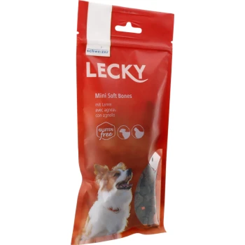 Rote Verpackung für Lecky Mini Soft Bones Hundeleckerlis, mit einem Corgi und Text, der "Glutenfrei" und "mit Lamm" angibt.