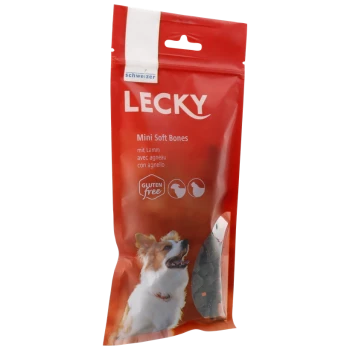 Emballage rouge pour les friandises pour chiens Lecky Mini Soft Bones, avec un corgi et un texte indiquant "Sans Gluten" et "mit Lamm."