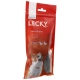 Emballage rouge pour les friandises pour chiens Lecky Mini Soft Bones, avec un corgi et un texte indiquant "Sans Gluten" et "mit Lamm."