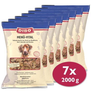 DIBO Menü-Vital Hundefutter, mit sieben 2000g-Paketen vollständiger Ernährung aus Rindfleisch, Herz, Getreide und Gemüse.