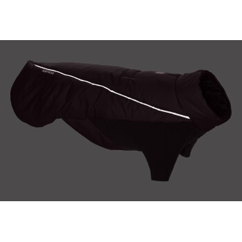 Schwarze Hundejacke mit reflektierenden Akzenten, entworfen für Wärme und Komfort, mit hohem Kragen und schlanker Passform.