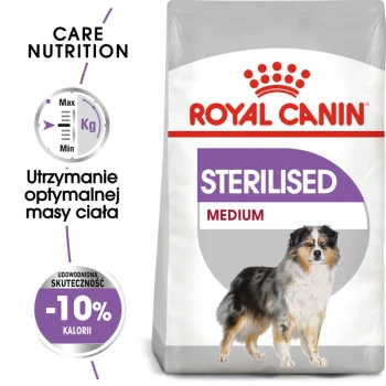 Torba z karmą dla psów Royal Canin Sterilised Medium, z fioletową etykietą, z informacją o -10% kalorii dla optymalnego utrzymania wagi ciała.