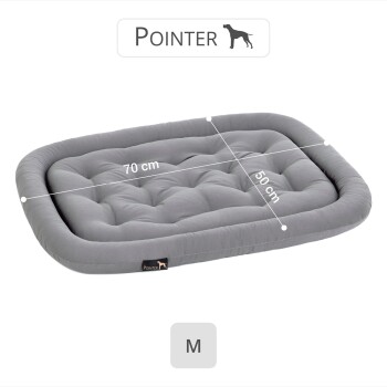 Grau gefärbtes Hundebett mit gestepptem Design, misst 70 cm mal 50 cm, beschriftet mit "Pointer" und Größe "M" am Boden.