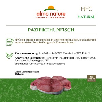 Almo Nature Katzenfutterverpackung mit Pazifischem Thunfisch, zeigt 75% Thunfisch, 24% Fischbrühe und 1% Reis.