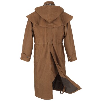 Brauner gewachster Canvas-Hundemantel mit Kapuze und Druckknöpfen, von hinten gezeigt.