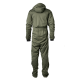 Rückansicht eines grünen isolierten Haustieroverall mit Kapuze, mit elastischem Bund und Bündchen, geeignet für Outdoor-Haustierbekleidung.