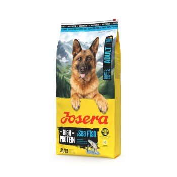 Josera High Protein Seefisch Erwachsenenhundefutterbeutel mit Deutschem Schäferhund und Bergkulisse, getreidefrei.