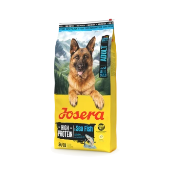 Josera High Protein Seefisch Erwachsenenhundefutterbeutel mit Deutschem Schäferhund und Bergkulisse, getreidefrei.