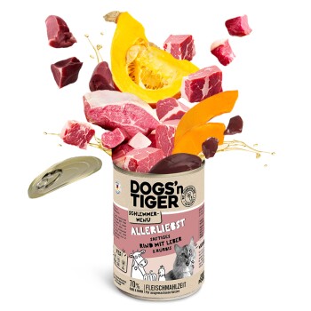 Eine Dose DOGS'n TIGER Haustierfutter mit der Aufschrift 'ALLERLIEBST', die eine Mischung aus rohem Fleisch, Kürbis und anderen Zutaten enthält, mit einem Fleischanteil von 70%.