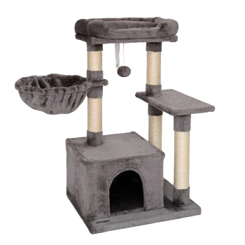 Graue Katzenbaum mit zwei Plattformen, einer gemütlichen Hängematte und einem Kratzbaum, mit einem hängenden Ballspielzeug.