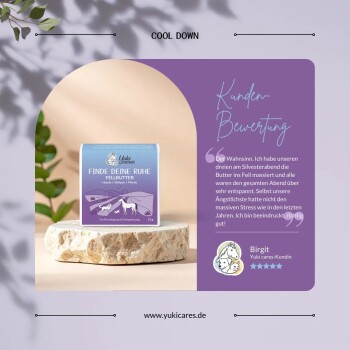Yuki cares Fellbutter Cool down Haustierpflegeproduktverpackung, mit dem Text "Zur Entspannung." auf einem weißen Hintergrund.