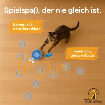 Ein verspieltes blaues Katzenspielzeug mit leuchtenden Augen und Hasenohren, das optimale Sichtbarkeit und ein zusätzliches austauschbares Plüschteil bietet.